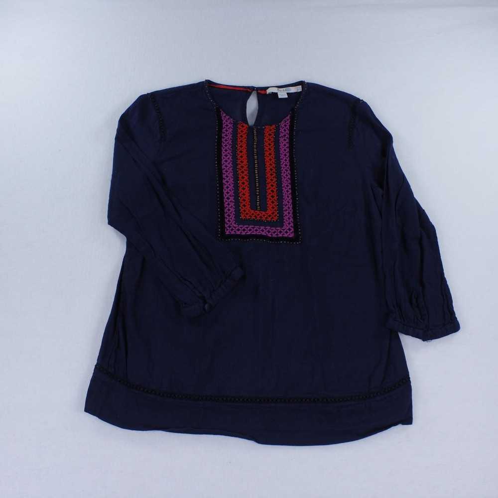 Boden Women's Navy Blue Embroidered Beaded Cotton Boho Blouse Top US 8 UK 12
